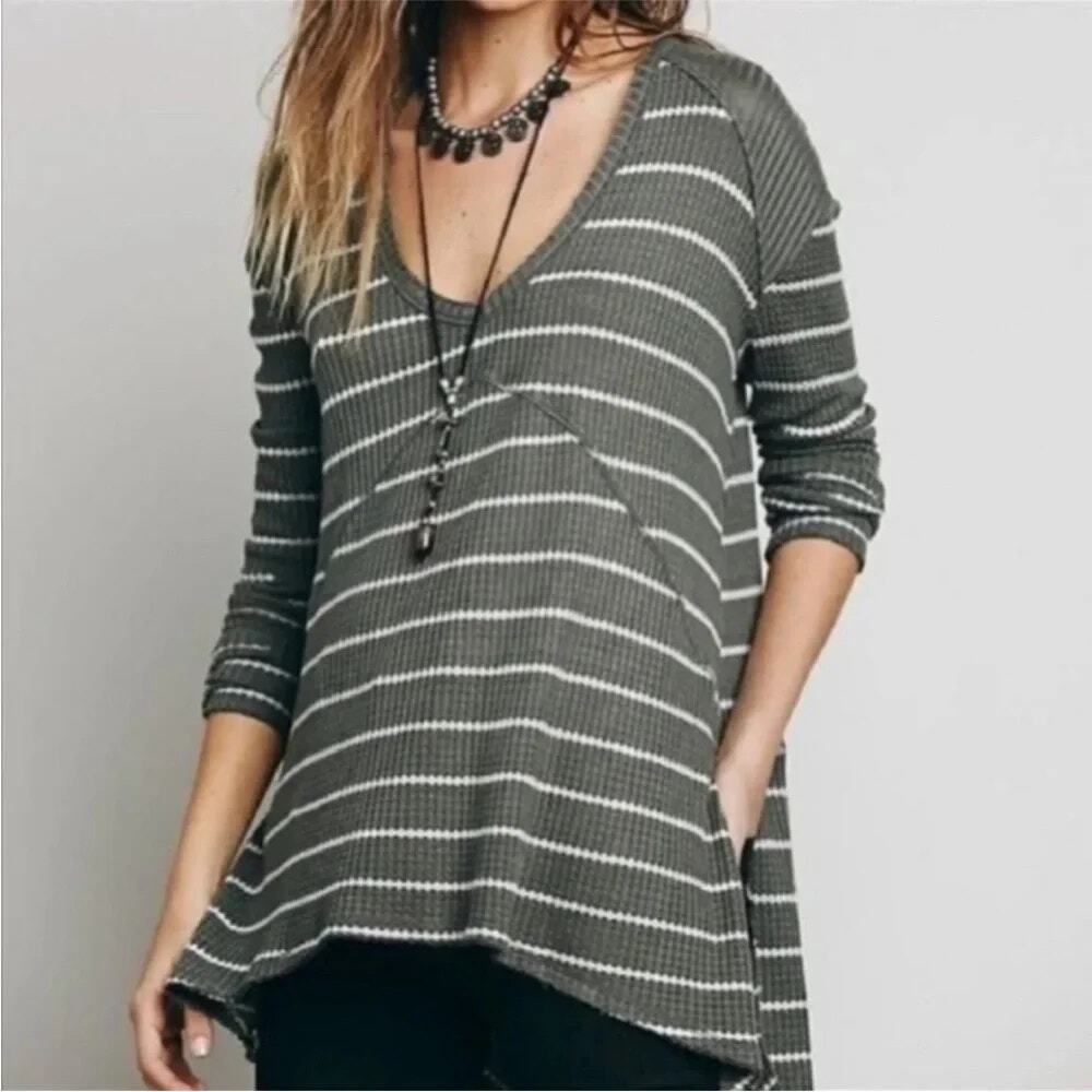 Free People Striped Waffle Knit Thermal Scoop Neck Distressed Top Size Large